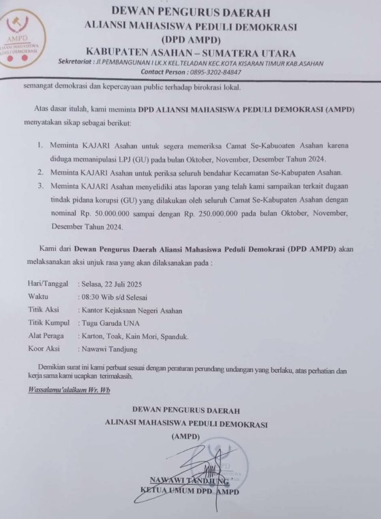 DPD AMPD Asahan Akan Gelar Aksi Unjuk Rasa Dugaan Korupsi Dana GU Pilkada 2024