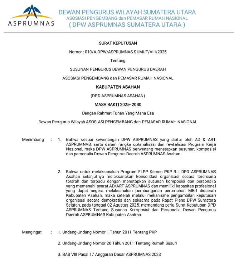 DPW ASPRUMNAS Sumut Tetapkan Pengurus DPD Kabupaten Asahan Masa Bakti 2025–2030