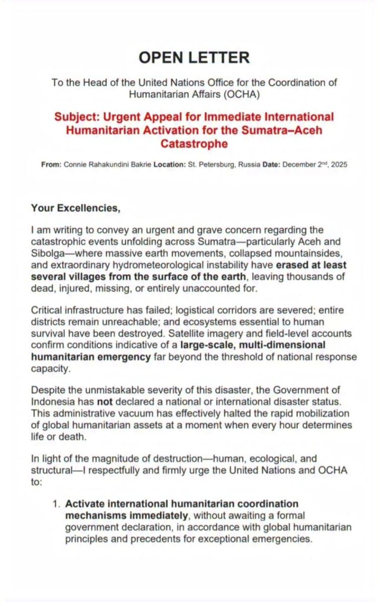 Surat Terbuka Prof. Connie Rahakundini Bakrie kepada Kepala OCHA PBB Terkait Permintaan Bantuan Internasional untuk Sumatra dan Aceh